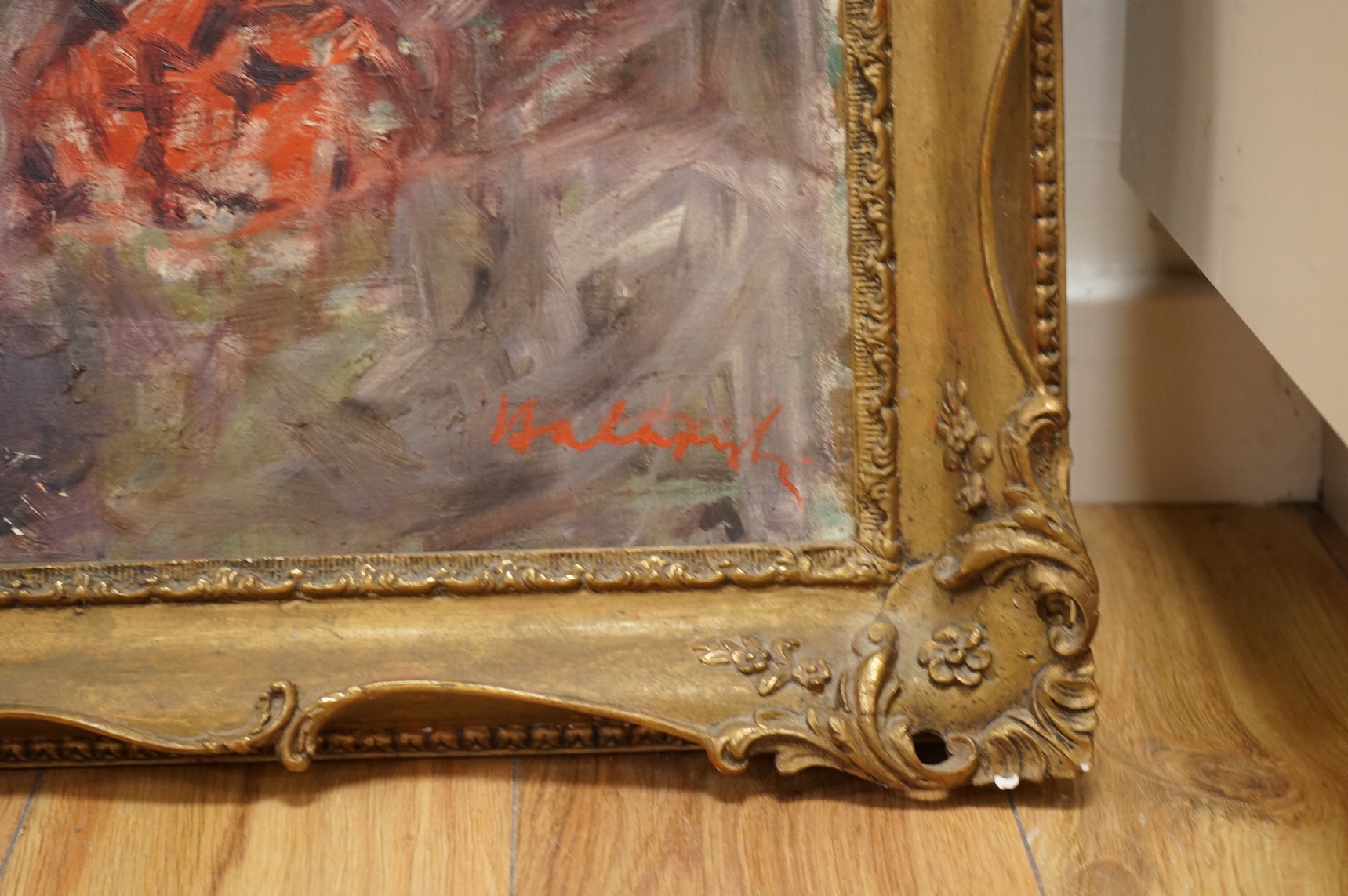 20th century, Continental still life of roses in a vase, indistinctly signed lower right, oil on canvas, 60 x 80cm, ornate gilt frame